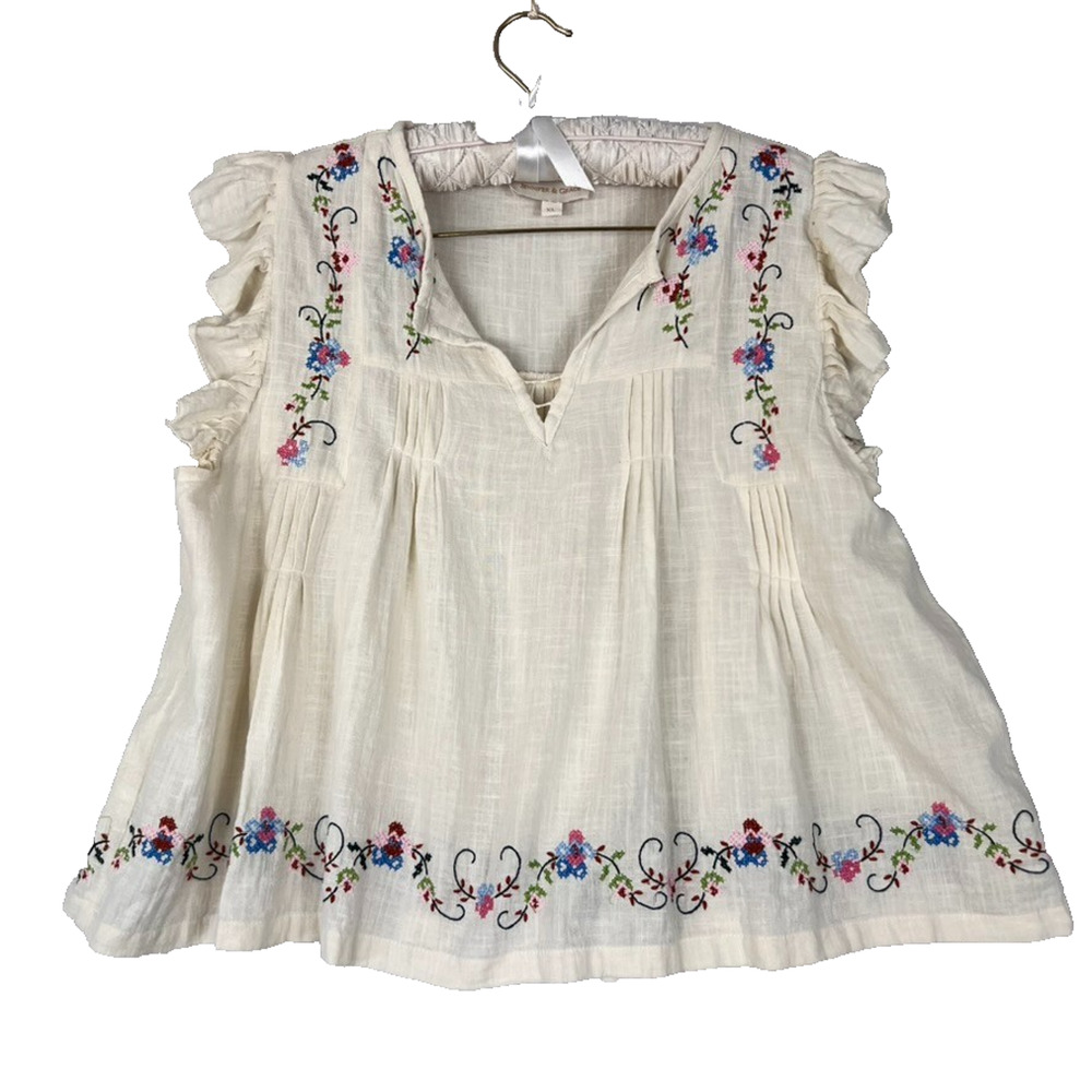 Jennifer & Grace Flutter Sleeve Top Women's Size XL Floral Embroidery Gauzy